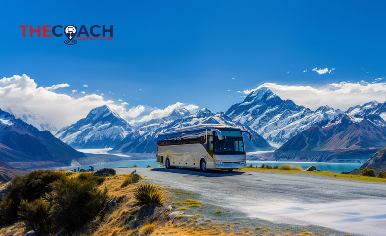 Luxury Charter Bus with Majestic New Zealand Mountain Backdrop